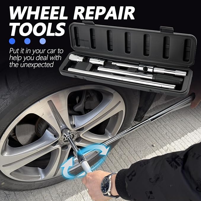 Extended Lug Nut Removal Tool Kit with 4 Way Lug Wrench,23" Telescopic Tire Iron Lug Wrench with 2 Standard Sockets(17,19,21,