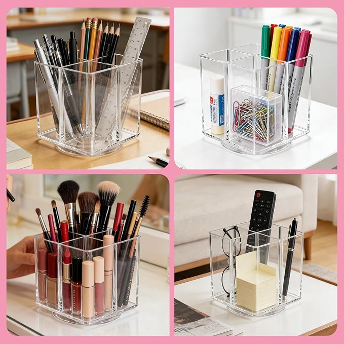 Acrylic Makeup Brush Holder, Clear Rotating Makeup Brush Holder Organizer with 4 Slots, Square Makeup Brush Cup for Vanity De