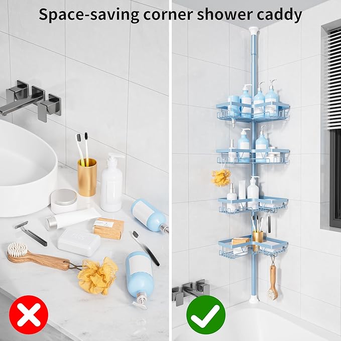KEGII Shower Caddy Tension Pole, 4-Tier Rustproof Adjustable Corner Bathroom Organizer for Renters, 25–114.2 Inch No Drill Sp