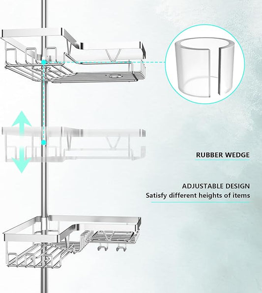 Shower Caddy Tension Pole - Corner Shower Shelves with Soap Holder Bathroom Shower Organizer for Tub (Stainless Steel, Silver