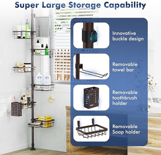 Corner Shower Caddy Tension Pole,Adjustable 30-120 Inch Bathroom Organizer Storage,Rustproof 6-Tier Shower Corner Shelves,Tow