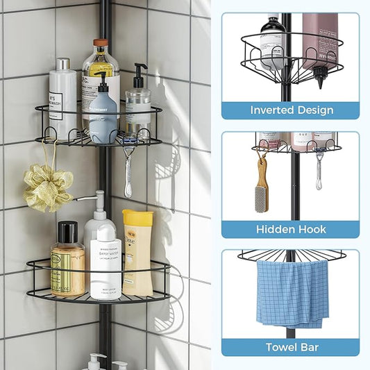 Corner Shower Caddy Tension Pole,4 Tier Adjustable Bathroom Organizer Shelves,Inside Shower Storage With Hidden Hook & Towel