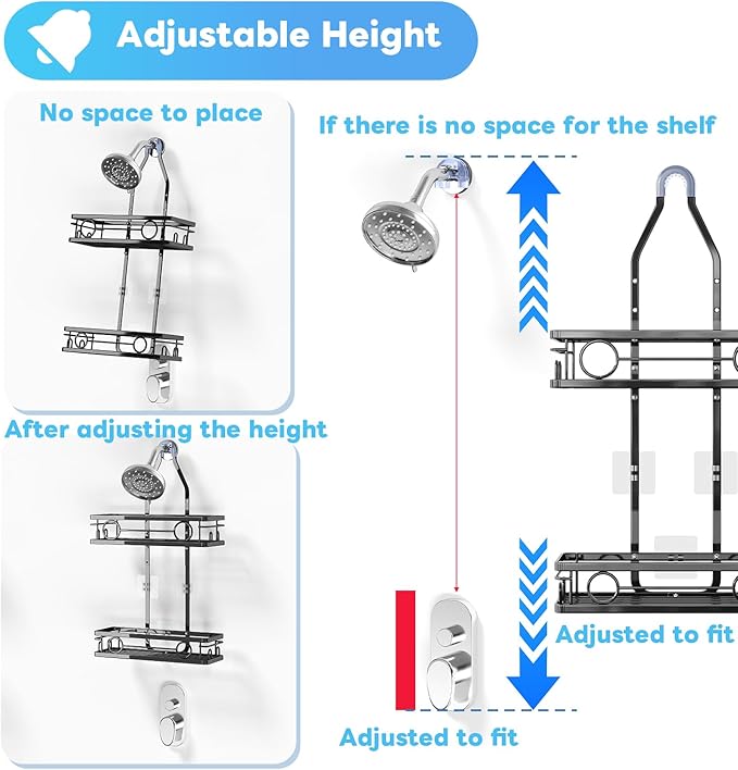 Adjustable Shower Caddy Hanging Rustproof Large-Capacity Bathroom Organizer Shower Racks with Hooks for Razor Bathroom Organi