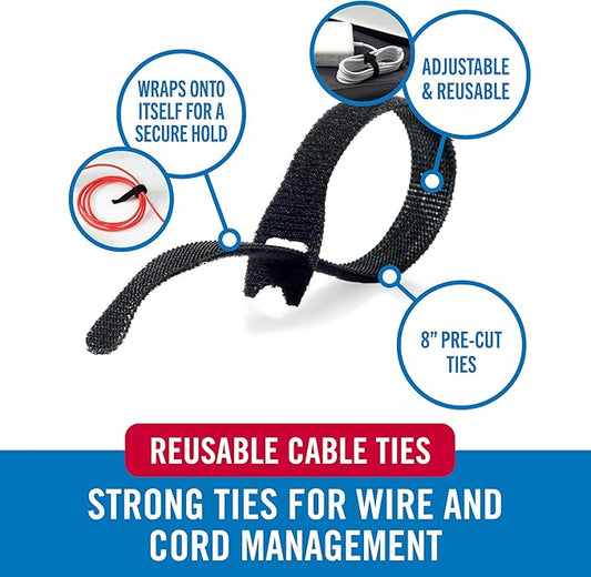 VELCRO Brand Heavy Duty Cable Ties Reusable | 60Pc Bulk Pack | 8 x 1/2" ONE-WRAP Straps, Black | Strong Wire Management | Cord Bundling for Home Office and Data Centers