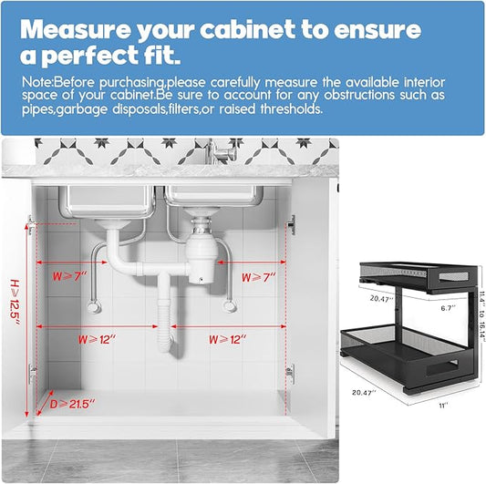 1 Pack 20.47IN Depth Under Sink Storage Organizer, Large 2-Tier Elegant Mesh Pull Out Shelf for Kitchen and Bathroom Cabinet