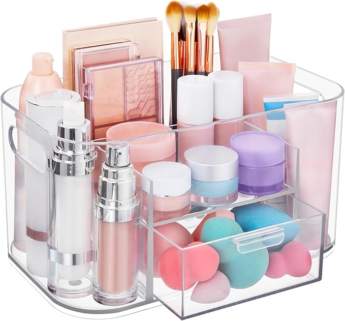 STORi Bliss Clear Makeup Organizer for Countertop, Divided Bathroom Organizer & Storage Drawer, Makeup Brush Holder, Cosmetic