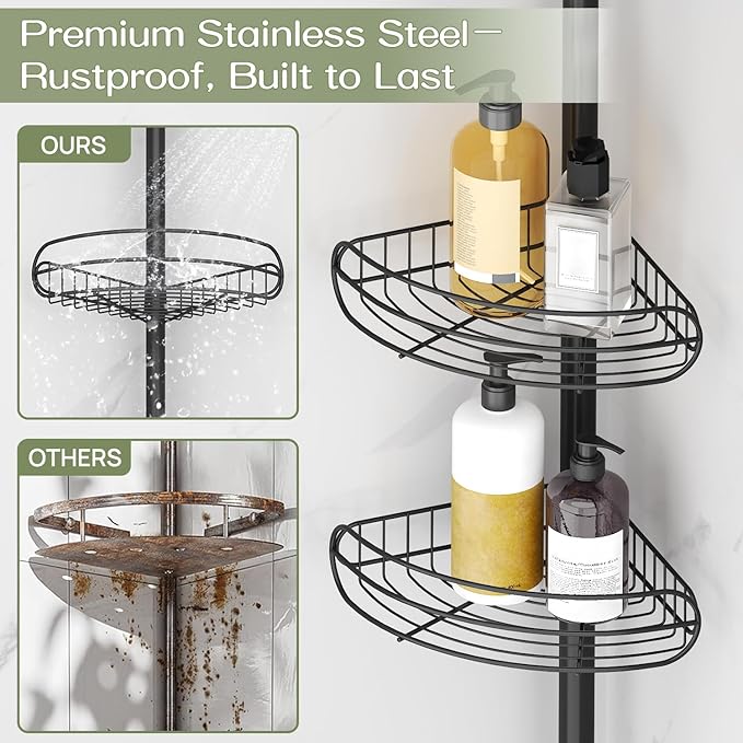 ALLZONE Corner Shower Caddy Tension Pole, 4-Tier Adjustable Shelves, Rustproof Bathroom Shower Organizer Corner for Inside Sh