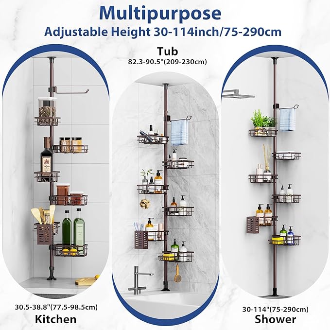 Mixoo Corner Shower Caddy Tension Pole - Adjustable 30 to 120 Inch Shower Organizer with 6 Shelves, Towel Rack, Toothbrush Ho