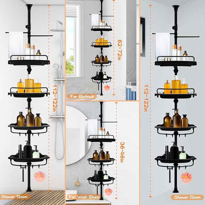 Rustproof Shower Caddy Tension Pole Corner Shower Caddy Organizer 4 Tier Adjustable Shelves with Tension Pole and Large Capac