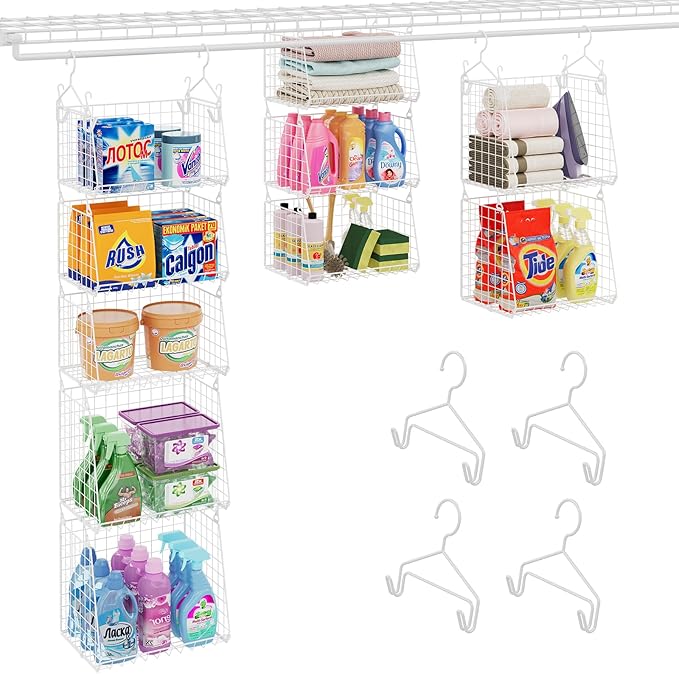 Sonyabecca 5-Tier Hanging Laundry Basket Organizer: Foldable Wire Shelf Basket with 4 Large Hooks 1.65" & 360°Rotating Hooks