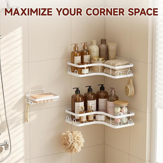 Veken Corner Adhesive Shower Caddy 3-Pack with Soap Holder&Hooks,No Drilling Shower Shelves,Rustproof & Waterproof Bathroom O