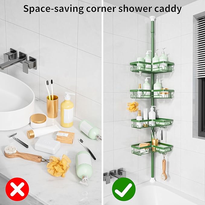 KEGII Shower Caddy Tension Pole, 4-Tier Rustproof Adjustable Corner Bathroom Organizer for Renters, 25–114.2 Inch No Drill Sp