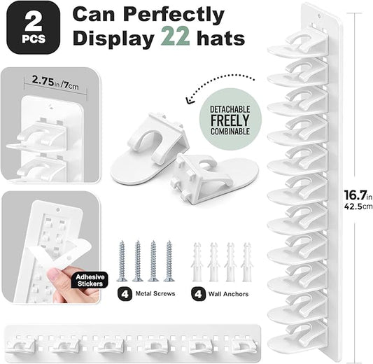 2 Pack Hat Organizer for Baseball Caps, Detachable DIY Hat Rack for Wall Hat Holder Hold up to 22 Hats, Baseball Cap Organize
