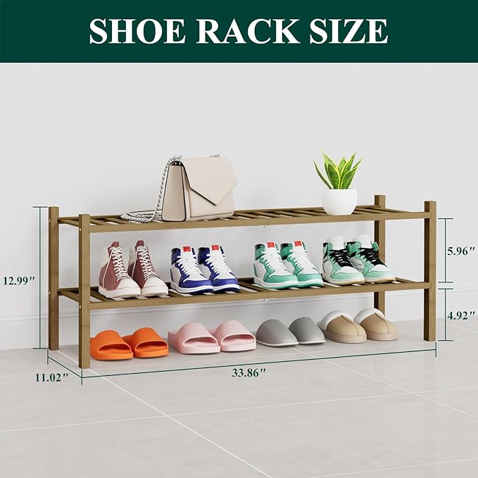 Smiry Shoe Rack, 2 Tier Thick Long Bamboo Shoe Organizer, Stackable Free Standing Wooden Shoe Storage Shelf for Closet, Entry