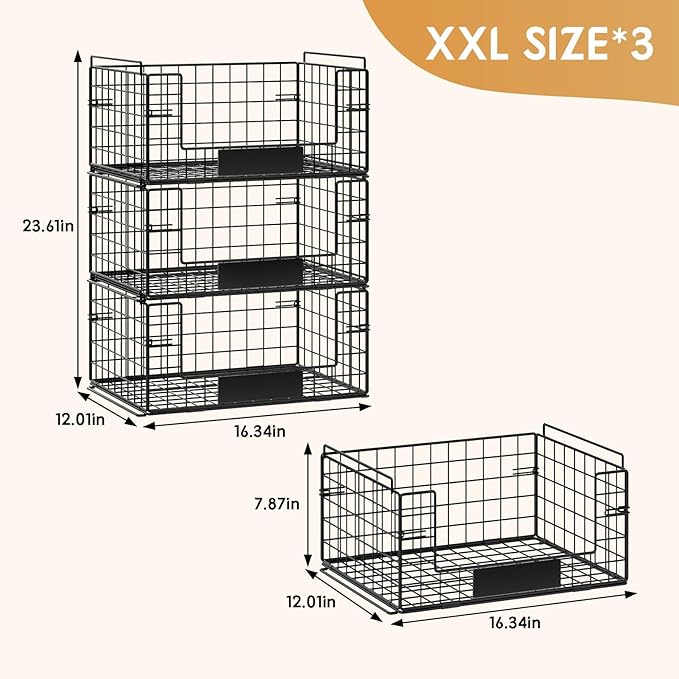 JKsmart 3 Pack XXL Stackable Wire Baskets with Handles for Pantry Storage and Organization, Fruit and Vegetable Basket with N