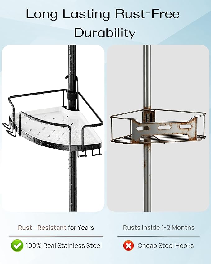 ALLZONE Corner Shower Caddy Tension Pole, 4 Repositionable Hang-On Baskets with Mixed-Height Shelves for Various Bottle Sizes