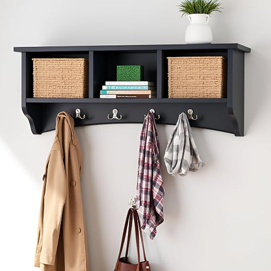Shaker Cottage Wall-Mounted Coat Rack with 3 Storage Cubbies and 4 Coat Hooks – 36" W x 9" D x 14" H Space-Saving Entryway Or