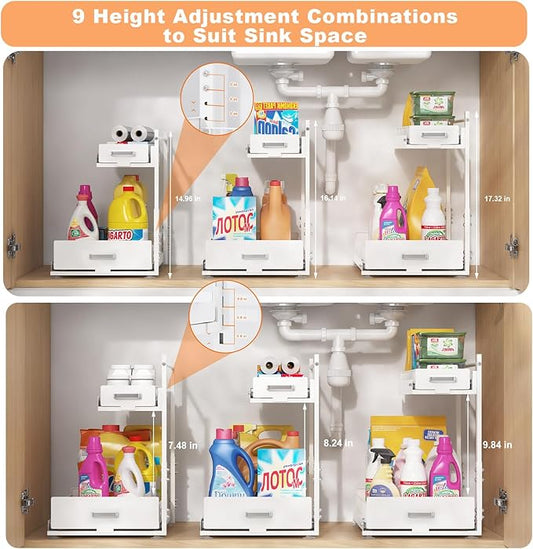 Under Sink Organizer,2 Tier Slide Out Kitchen Cabinet Organizers with Pulley,Under Bathroom Sink Pull Out Organizer with Mult