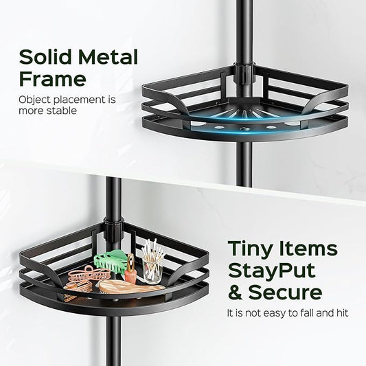 HAMITOR Shower Caddy Tension Pole: Rustproof Bathroom Corner Shelf for Renters, 47-121inches Adjustable Organizer with Soap H
