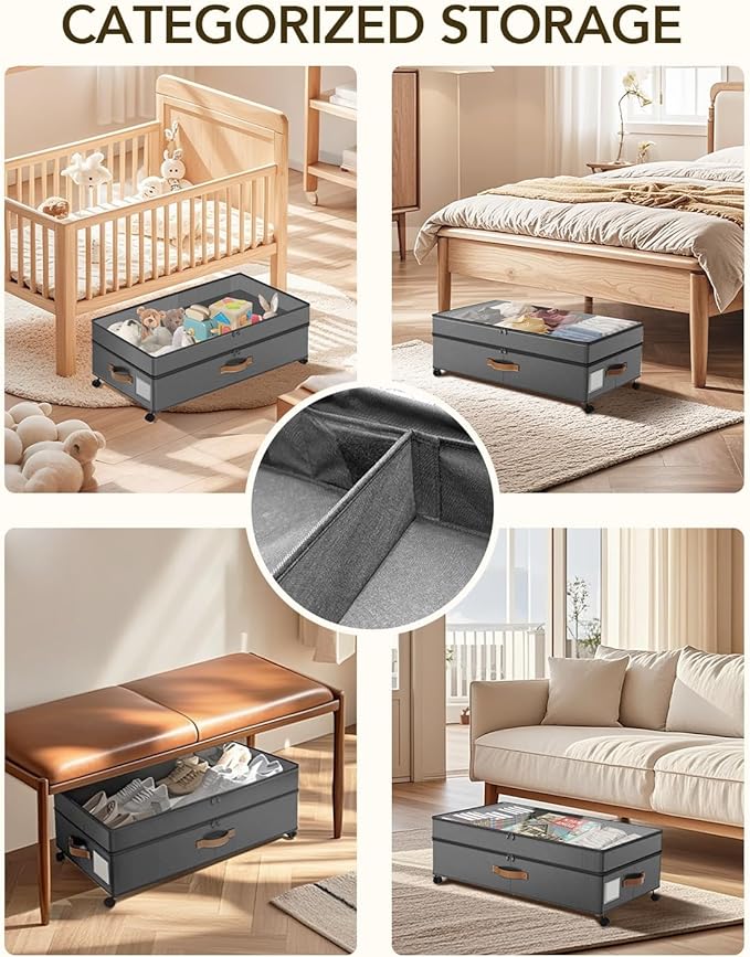 Under Bed Storage with Wheels, 10 inches Under Bed Storage Containers, 65L XXL Large Adjustable Underbed with Lids, Rolling U