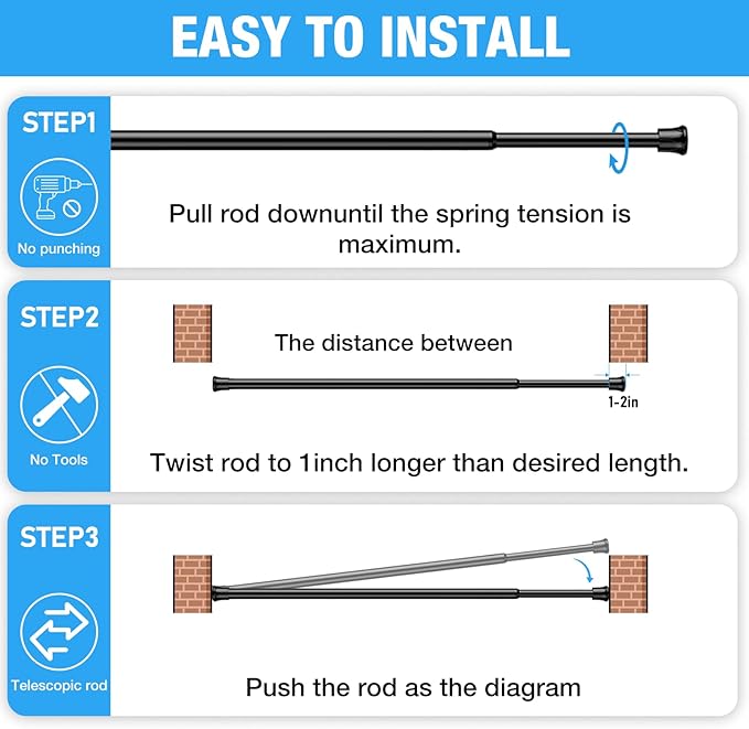 6 Pack Spring Tension Rods 27-38 Inches,5/8" Diameter Black Spring Load Adjustable Expandable,Small Short Tension Curtain Rod