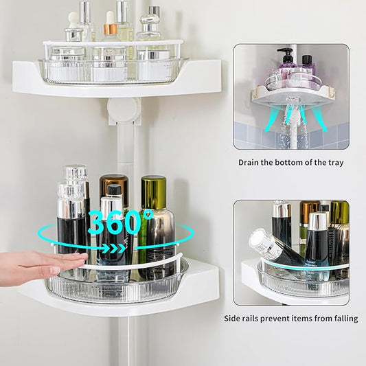 360° Rotating Shower Caddy Tension Pole, 4 Tiers Corner Shower Organizer for Bathroom Shelf Bathtub, Adjustable Standing Show