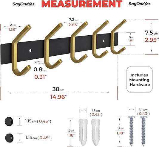Coat Rack Wall Mount – Black and Gold Hook Rail with 5 Double Coat Hooks, 15 Inch Stainless Steel Wall Hooks for Entryway, Ba