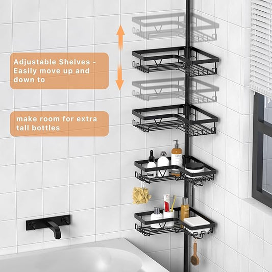 KEGII Corner Shower Caddy Tension Pole - Shower Tension Rod Organizer, Floor to Ceiling Shower Caddy 25-114.2 inch, Towel Rac