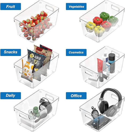 4 Pack Plastic Storage Bins with Lids, Clear Stackable Organizer with Handle, Kitchen Pantry Organizers and Storage, Perfect