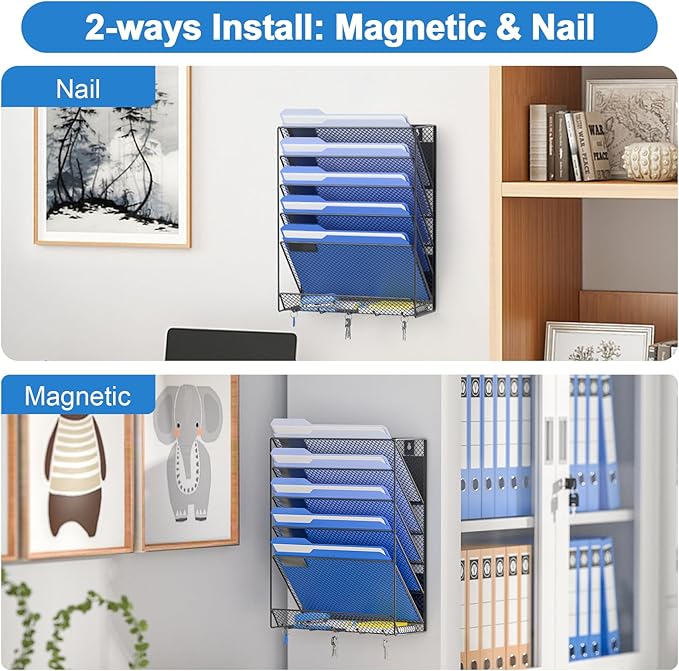 OUTWOLF Magnetic File Holder, 6-Tier Magnetic Wall Hanging File Organizer, Paper Folder Mail Organizer for Office, File Cabin