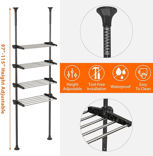 4-Tier Over The Toilet Storage Shelf, 4.5-9.5 FT Adjustable Bathroom Organizer, Heavy Duty Metal Shelves Above Behind Toilet