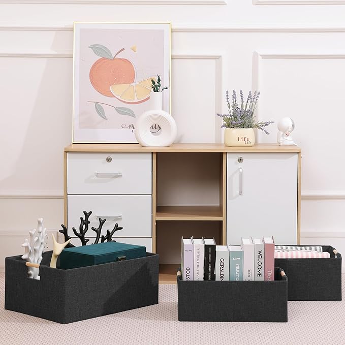 ANMINY 4PCS Storage Bins Set Large Foldable Cotton Linen Fabric Storage Baskets Box with Wood Handles Decorative Shelf Cube C