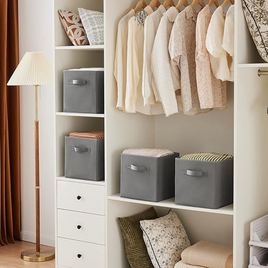 MAX Houser 6 Pack Foldable Fabric Storage Bins with Handles - Ideal for Closet Organization, Bedroom and Nursery (Grey, 10.5"