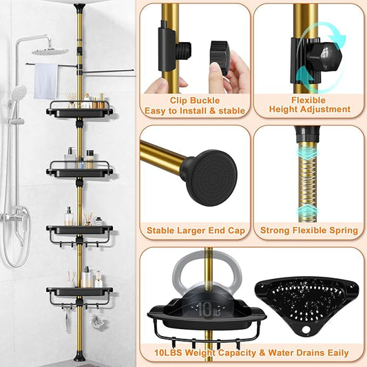 Upgrade Sturdy Shower Caddy Tension Pole Black and Gold Corner Shower Caddy 18/8 Stainless Steel Rustproof 4 Tier Adjustable