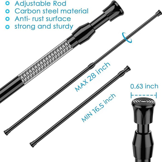 4pack Tension Curtain Rod 16.5 to 28 Inch,Black Spring Tension Rods Curtain Rods Adjustable Spring Rod Extendable Tension Rod