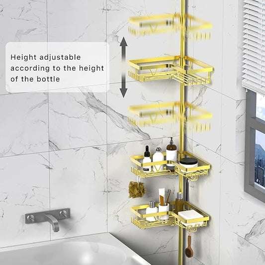 KEGII Corner Gold Shower Caddy Tension Pole - 4-Tier Rustproof Shower Rod Organizer, Floor to Ceiling Tension Rod 25-114.2 in