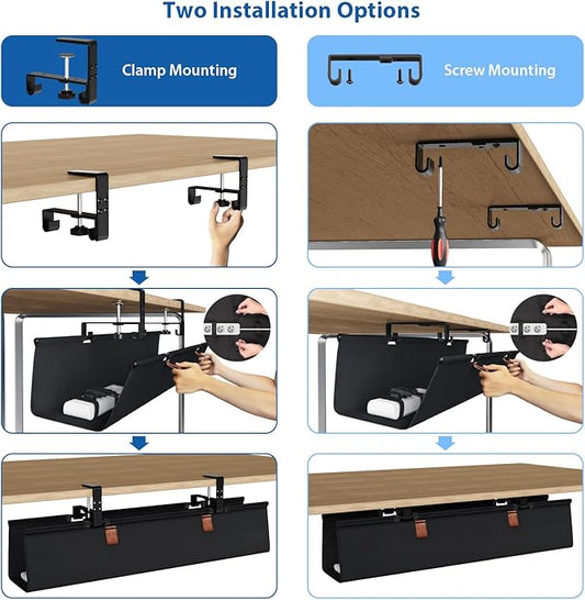 Zilink No Drill Under Desk Cable Management Tray 30" Cord Organizer for Table Clamp/Screw Mount Desk Cable Management Sturdy Waterproof Fabric Cord Hiders for Office, Home