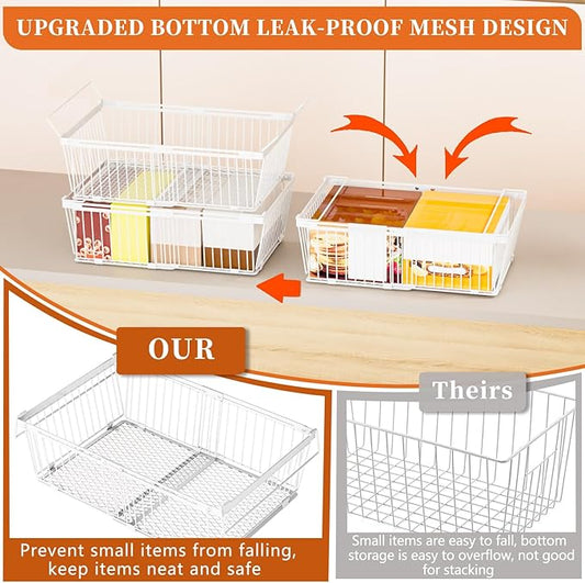 Large Freezer Organizer Bins,Upgraded Bottom Leak-Proof net,2 Pack, Expandable Stackable Chest Freezer Containers with Handle