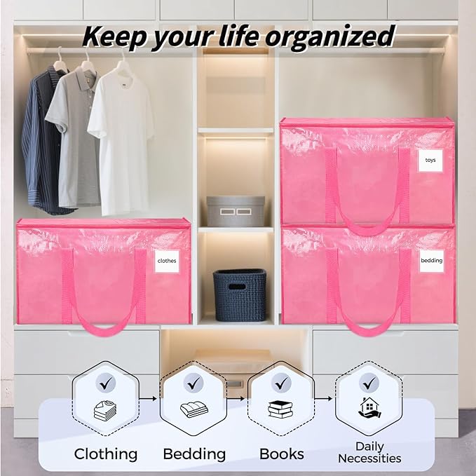8 Pack Extra Large Heavy Duty Moving Bags, Pink Storage Bins with Lids, Reinforced Handles & Heavy-Duty Zippers Moving Boxes
