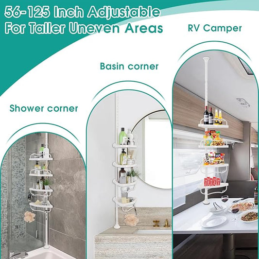 Corner Shower Caddy:125" Adjustable Inside Tension Shower Organizer Tension Pole,Rustproof Bathroom Organizer Shelves for Bat