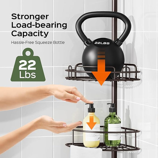 HAMITOR Shower Caddy Tension Pole: 4-Tier Rustproof Bathroom Corner Shelf Organizer for Renters - No Drill Large Shampoo Stor