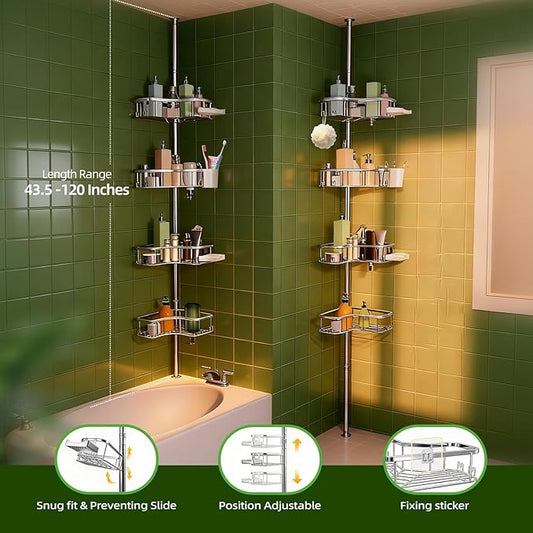 Corner Shower Caddy Tension Pole, 4 Tier Rust-Resistant Adjustable Bathroom Organizer Shelves, Bathtub Storage Rack with Soap