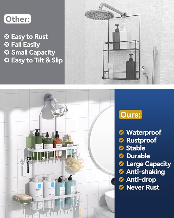 YASONIC Shower Caddy Hanging, Never Rust Shower Organizer Hanging, Aluminum Shower Racks for Inside Shower with Hooks for Raz