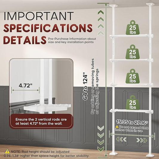 Goovilla Over The Toilet Storage Shelf, 4 Tier Bathroom Organizer Shelves with 64-124inch(H) 15-27inch(W) Adjustable No Drill