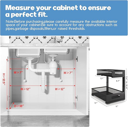 1 Pack 17IN Depth Under Sink Storage Organizer, Large 2-Tier Elegant Mesh Pull Out Shelf for Kitchen and Bathroom Cabinet Org