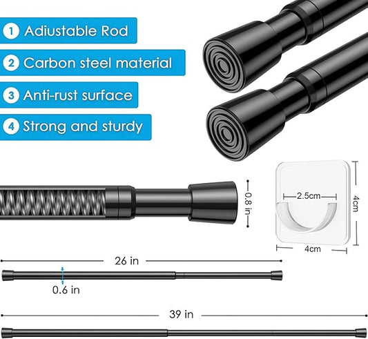 2Pack Tension Curtain Rod 26-39 inch Spring Tension Rod Black Curtain Rod Adjustable Spring Rod Extendable Tension Rod for Ki