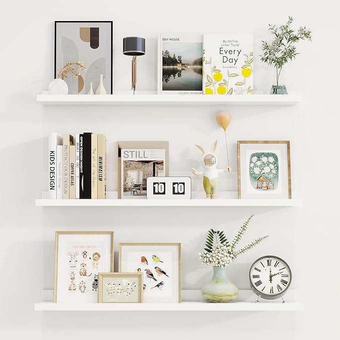 Axeman 36 Inch Floating Shelves | White Picture Ledge Shelf Set of 3 | Rustic Wood Wall Shelves with Lip | 36" White Picture