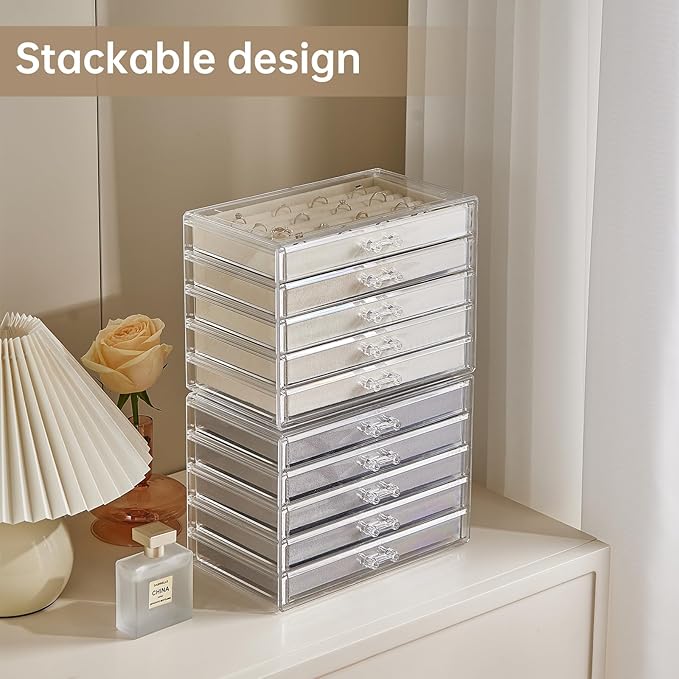 Acrylic Jewelry Box with 5 Drawers, Clear Earring Holder Organizer Rings Display Case with Adjustable Velvet Trays for Women