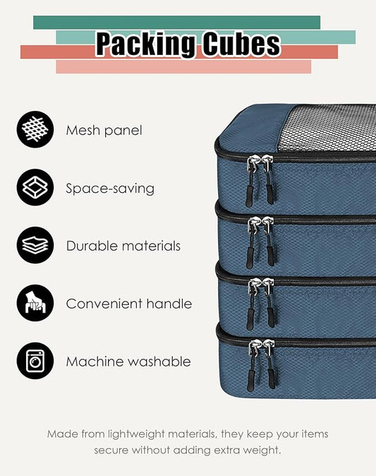 WTREE 4-Piece Packing Cubes Travel Accessories Set for Suitcases - Luggage Organizer Bags with Double Zipper - Mesh Top - Large - Dark Blue