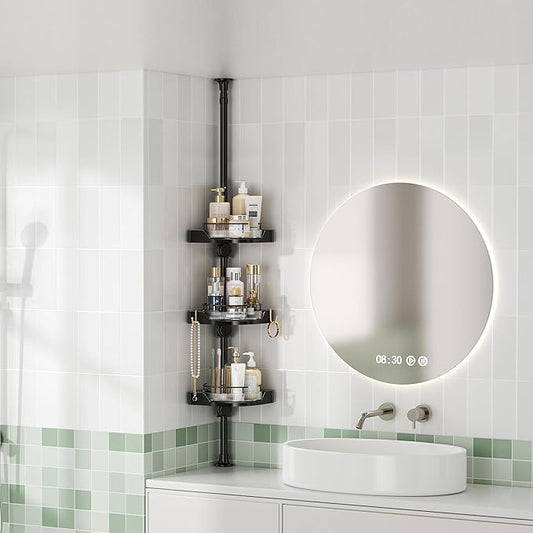360° Rotating Shower Caddy Tension Pole, 3 Tiers Corner Shower Organizer for Bathroom Shelf Bathtub, Adjustable Standing Show